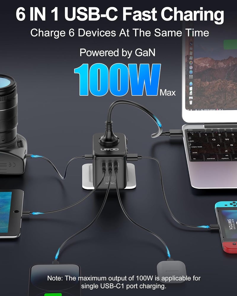 URJD Universal Travel Adapter 100W GaN Fast Charger in One, 4 USB C 1 USB A Ports & 2500W AC Outlet, International Power Plug Adapter with EU UK US AUS Plugs for 200+ Countries - Image 4